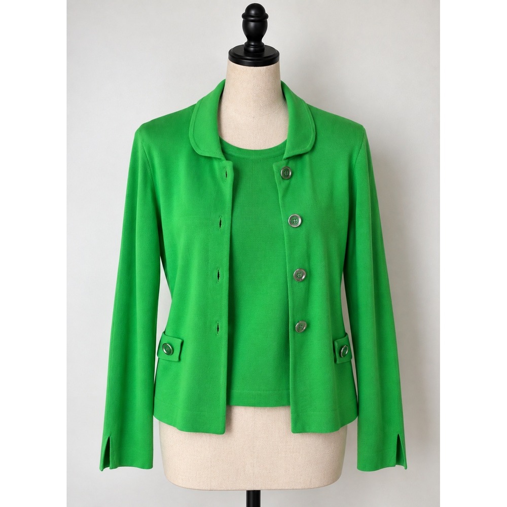 VTG 90s Nicaya Kelly Green Fine Knit 2 Piece Twinset Cardigan Tank Set Size L